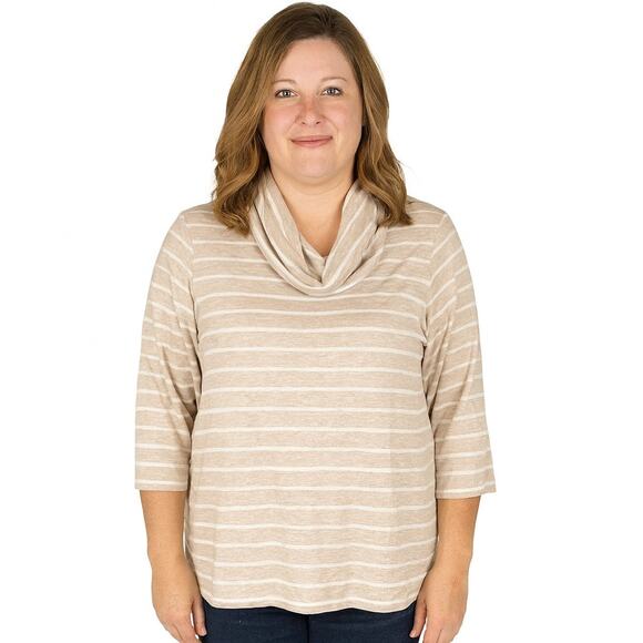 Croft & Barrow Women's 3/4 Sleeve Cowl Neck Top Beige Stripe Size XL - Picture 1 of 5